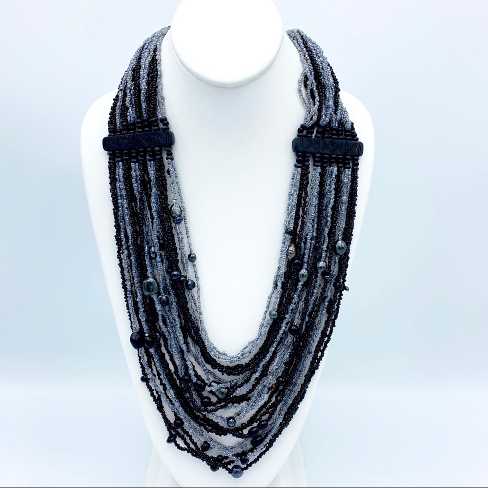 Substantial Seed Bead Multi Strand Faux Pearl Black & Gray Statement Necklace